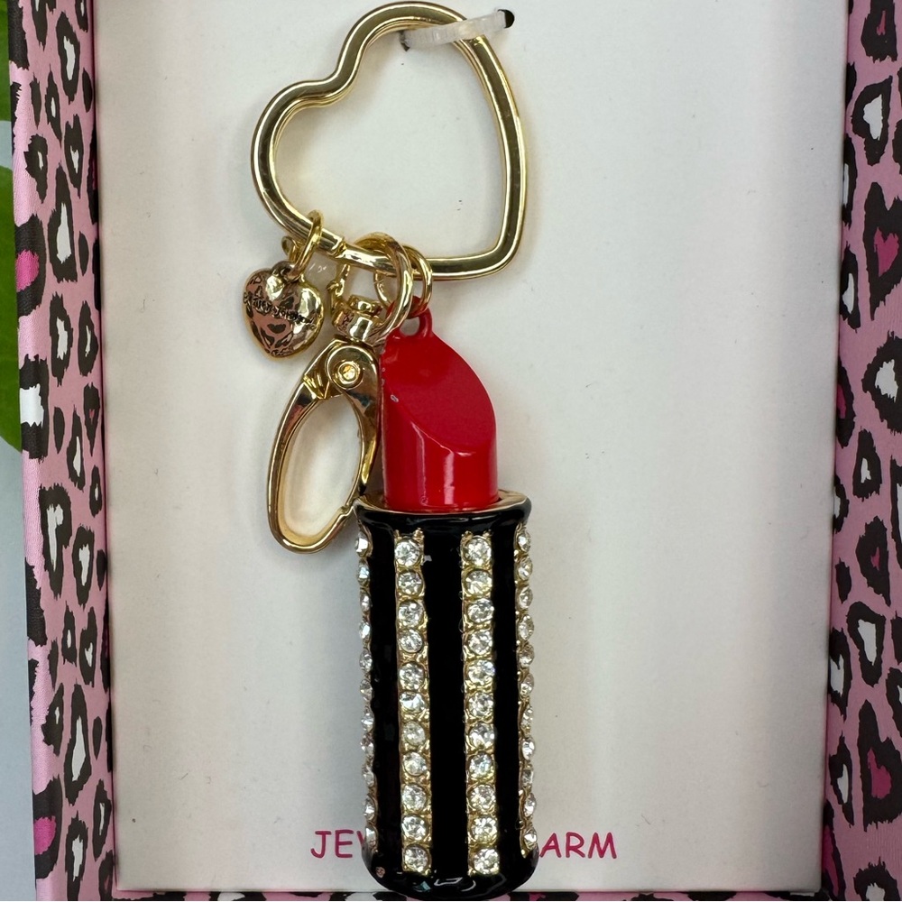 Betsey Johnson Red Lipstick Crystal Studded Keychain/Bag Charm - Picture 2 of 2